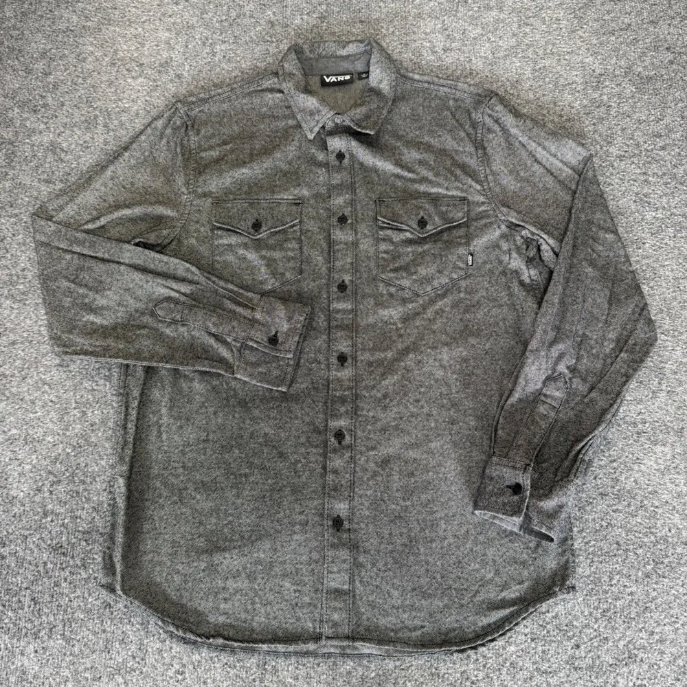 Vans Mens Small Gray Long Sleeve Button Up Cotton Shirt Skate Casual Classic
